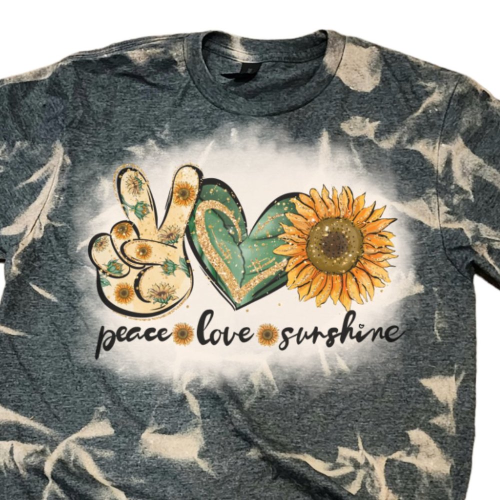 Peace Love Sunshine Sunflower Gray Bleached Handmade Graphic Tee T-Shirt - Picture 1 of 6